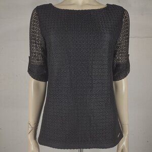 Karl Lagerfeld Paris black eyelet lace tabbed sleeve blouse top ladies Small